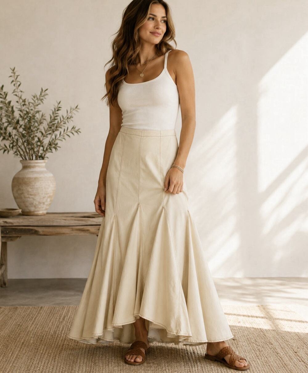 Olivaceous Cotton Paneled Maxi Skirt Ivory Cream Flared Pull On Women’s S